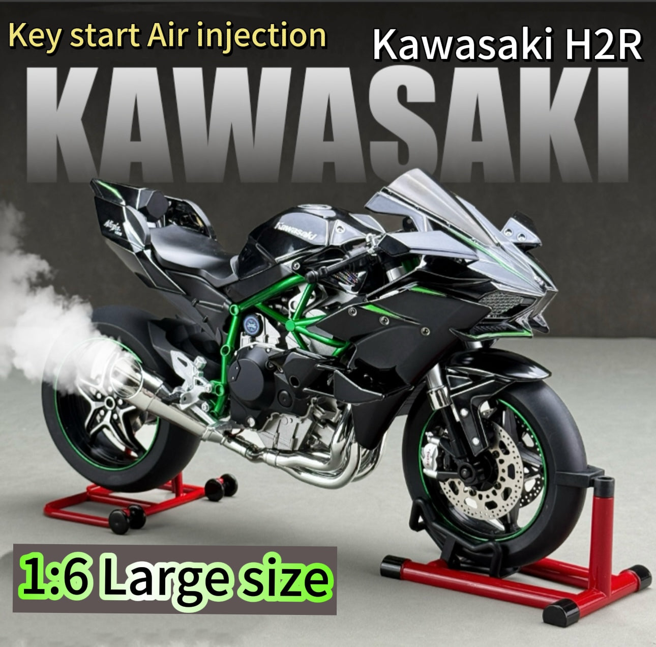 1:6 Kawasaki H2R motorcycle model with engine startup, throttle control, and exhaust spray simulation, die-cast bike, ideal gift for men.