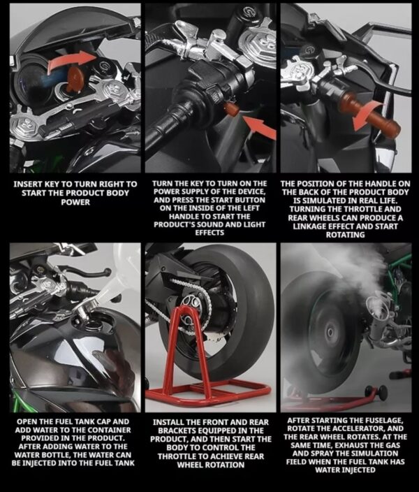 1:6 Kawasaki H2R motorcycle model with engine startup, throttle control, and exhaust spray simulation, die-cast bike, ideal gift for men. - 图片 8