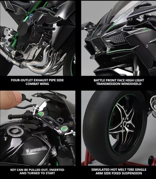 1:6 Kawasaki H2R motorcycle model with engine startup, throttle control, and exhaust spray simulation, die-cast bike, ideal gift for men. - 图片 7